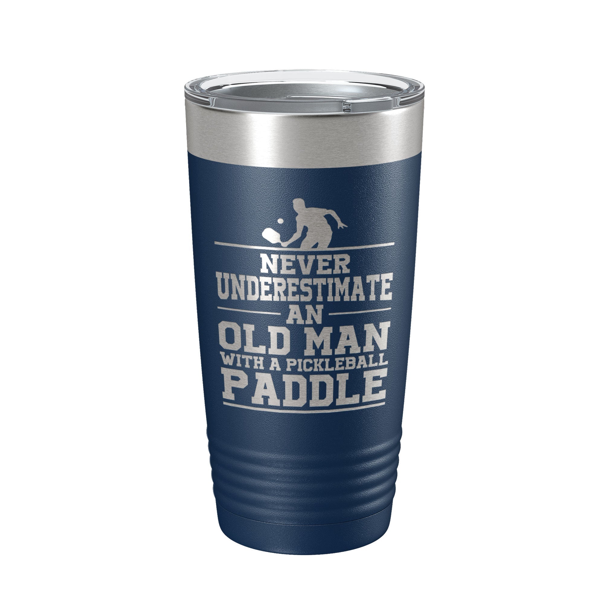 Funny Pickleball Tumbler Never Underestimate An Old Man With A Pickle Ball Paddle Travel Mug Insulated Laser Engraved Coffee Cup Gift 20 oz