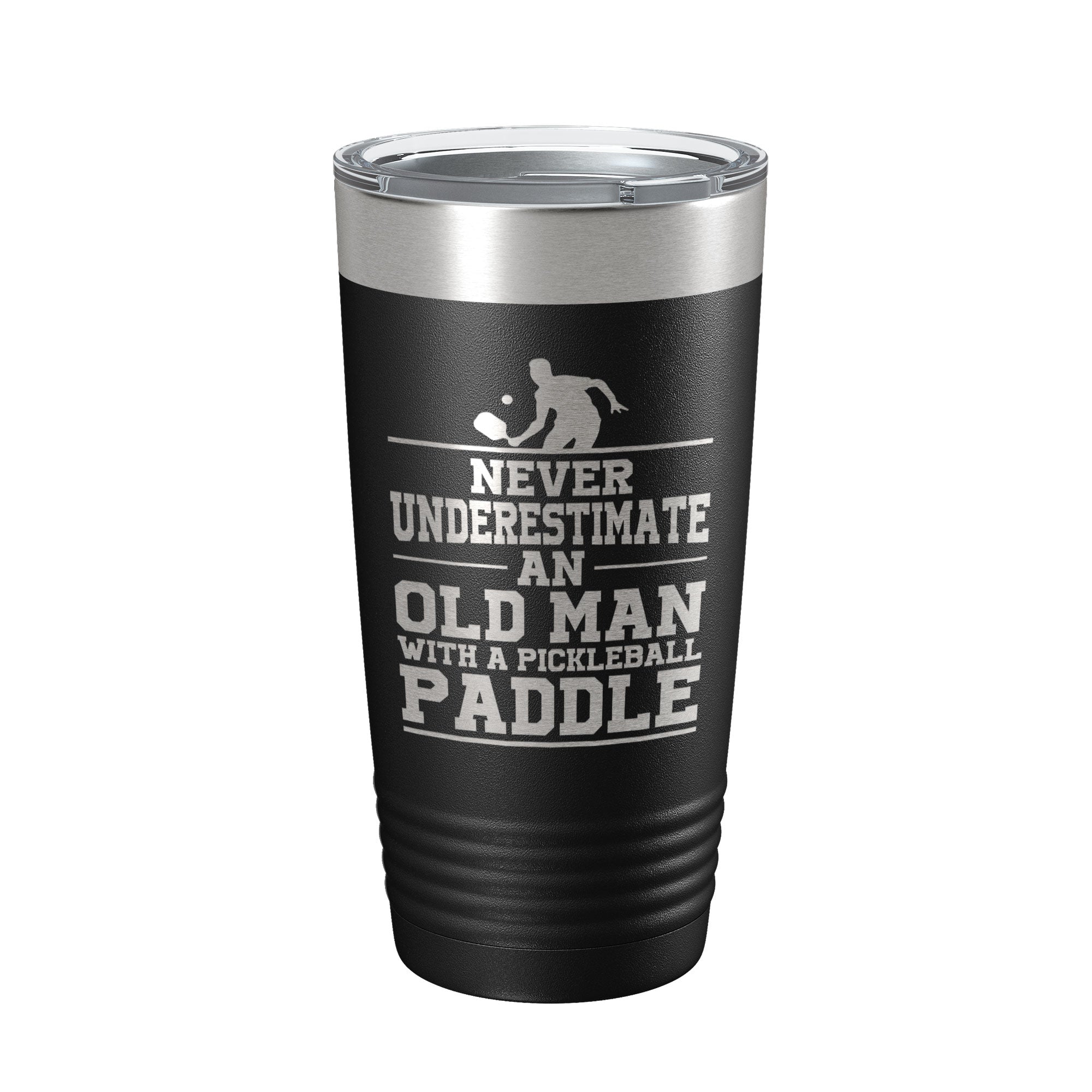 Funny Pickleball Tumbler Never Underestimate An Old Man With A Pickle Ball Paddle Travel Mug Insulated Laser Engraved Coffee Cup Gift 20 oz