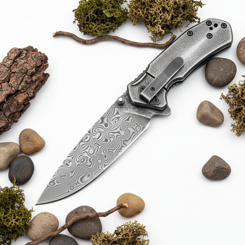 Damascus Steel Folding Knife – Handmade Pocket Knife for Men, EDC & Gift