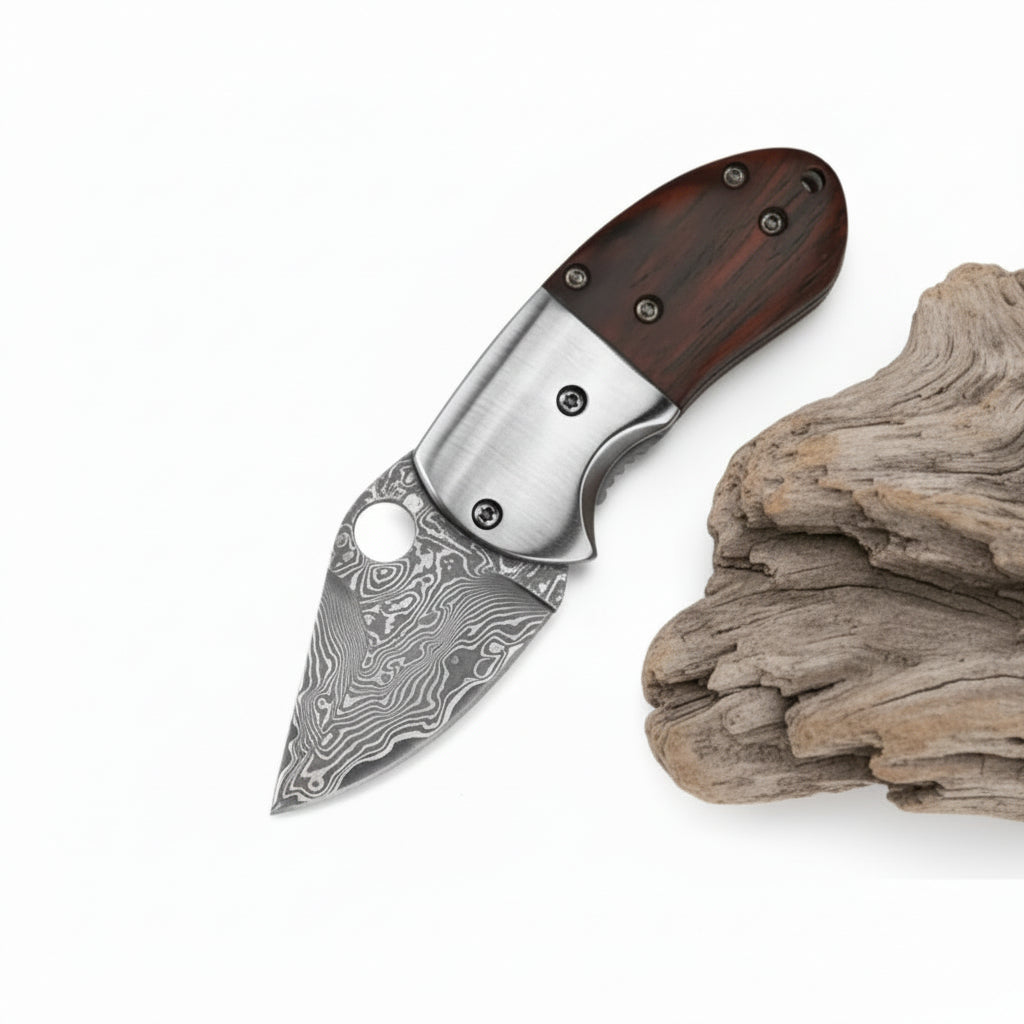 Mini Damascus Steel Folding Knife – Compact EDC Pocket Knife for Men | Gift Knife
