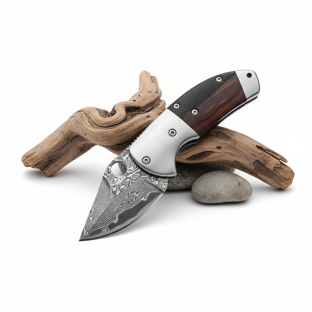 Mini Damascus Steel Folding Knife – Compact EDC Pocket Knife for Men | Gift Knife